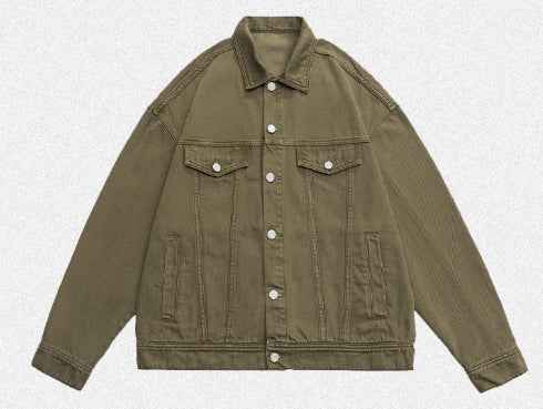 Retro Washed Dyed Loose Denim Coat For Men And Women Army Green MuddyStock