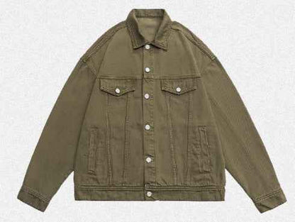 Retro Washed Dyed Loose Denim Coat For Men And Women Army Green MuddyStock