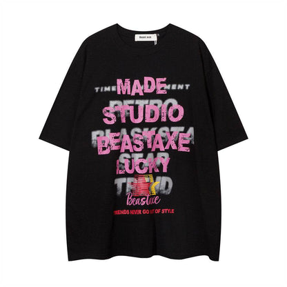 Letter Printed Loose T-shirt For Men And Women Black MuddyStock