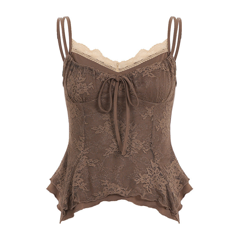 Retro Style Lace Trimmed Patchwork Camisole Top For Women Brown