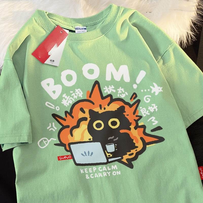 Black Cat Cotton Short-sleeved T-shirt Casual Loose Summer Breathable For Both Men And Women green MuddyStock