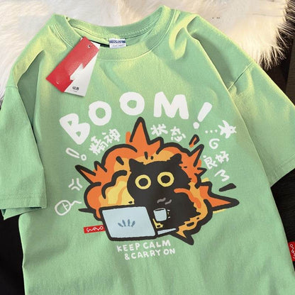 Black Cat Cotton Short-sleeved T-shirt Casual Loose Summer Breathable For Both Men And Women green MuddyStock