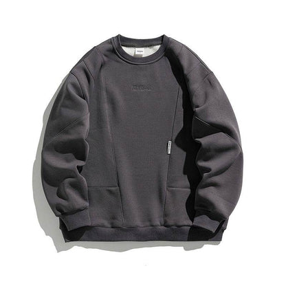 Men's Vintage Embroidery Fleece-lined Crew Neck Sweater Dark Gray MuddyStock