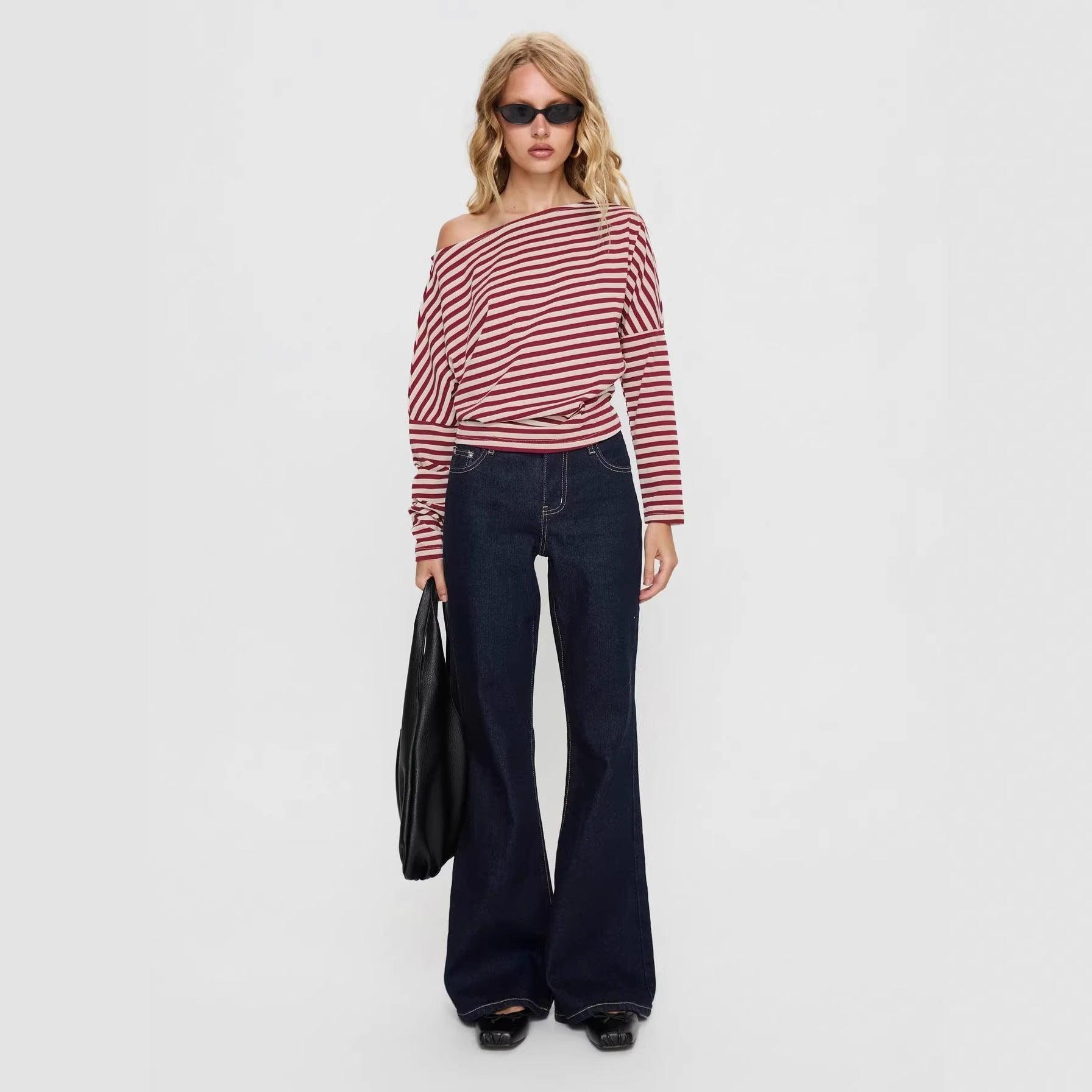Women's Contrasting-Color Striped Slant-Neck Long-Sleeve Top