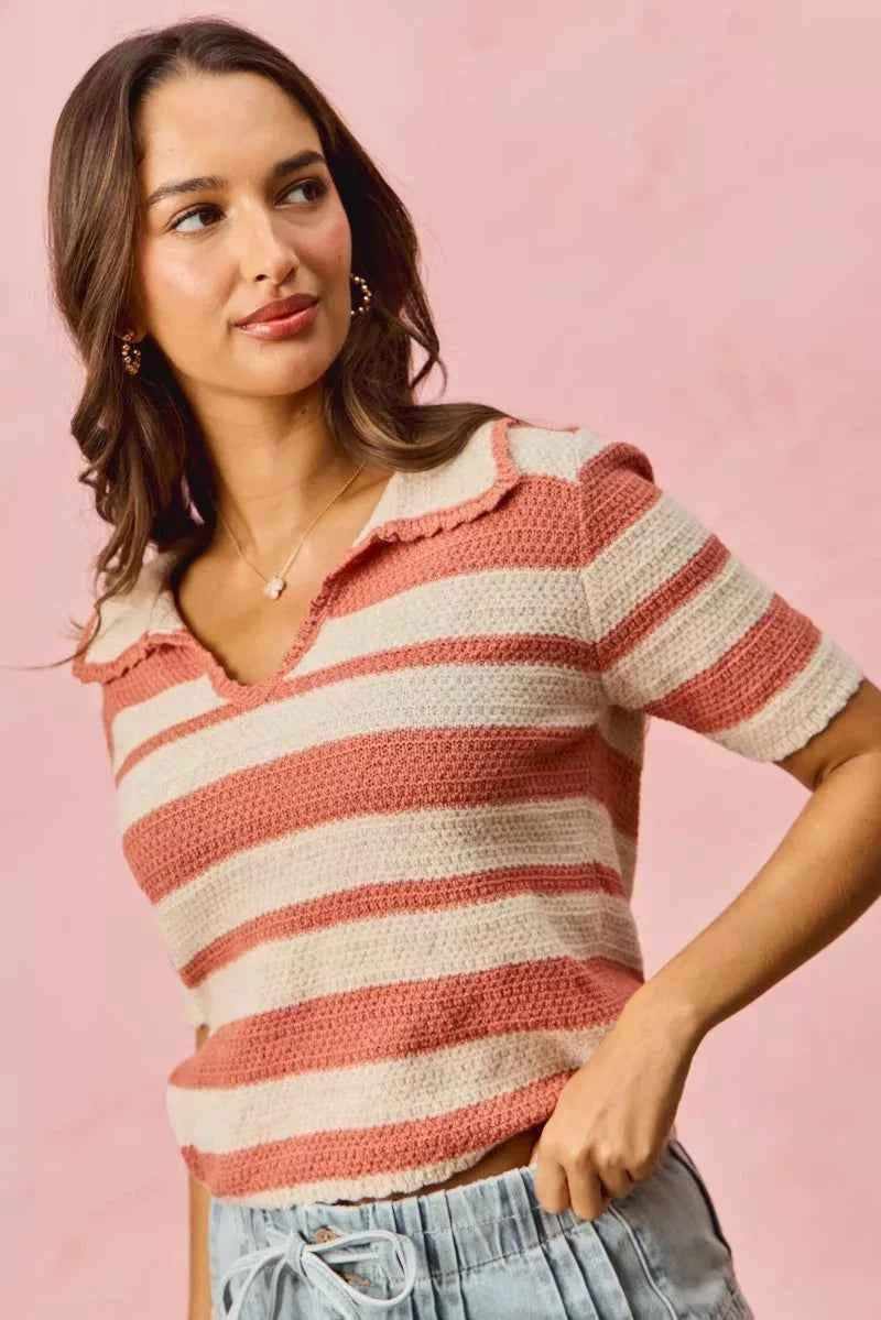 Stripe Short Sleeve Cropped Sweater For Women Trendsi