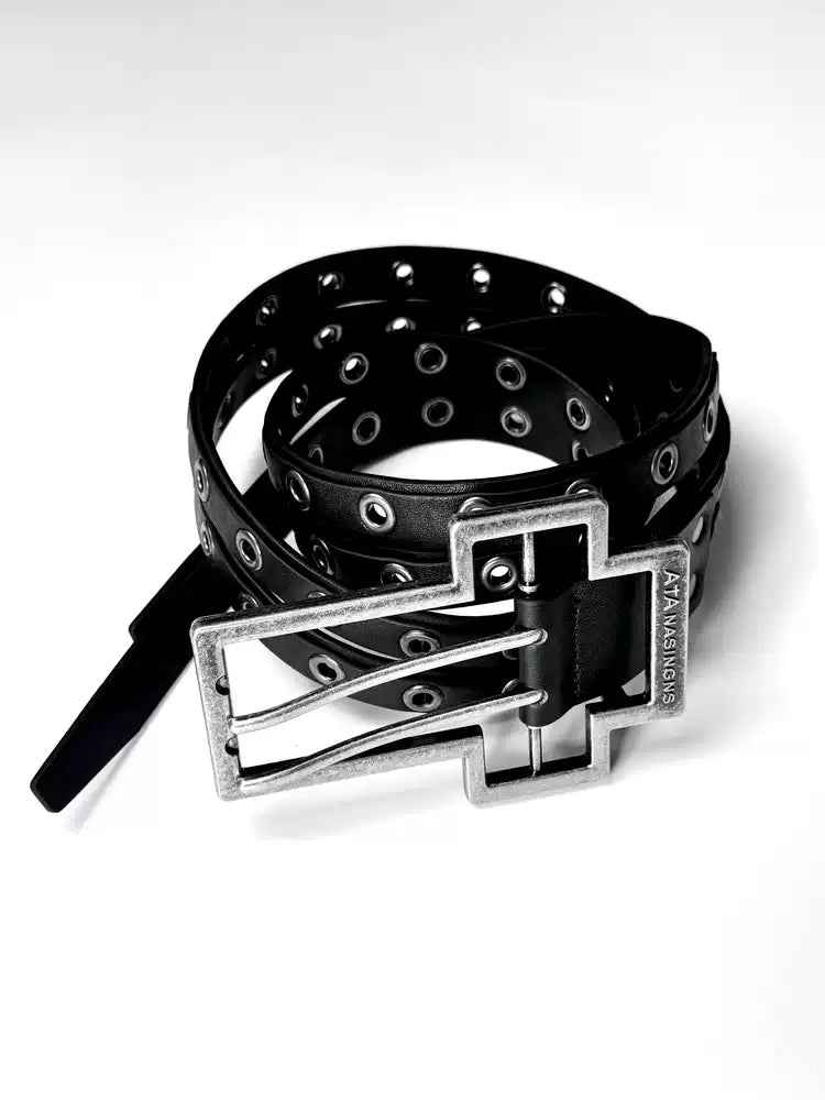 Distressed Cross-pattern Full-grain Leather Double-layer Belt