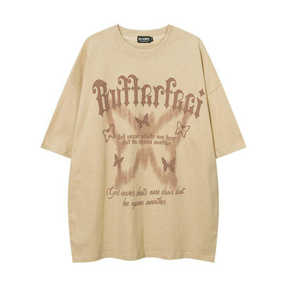 American High Street Butterfly Printed T-shirt For Men And Women Apricot MuddyStock