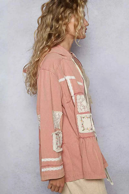 Embroidered Patch Hooded Jacket with Lace Detail For Women Trendsi