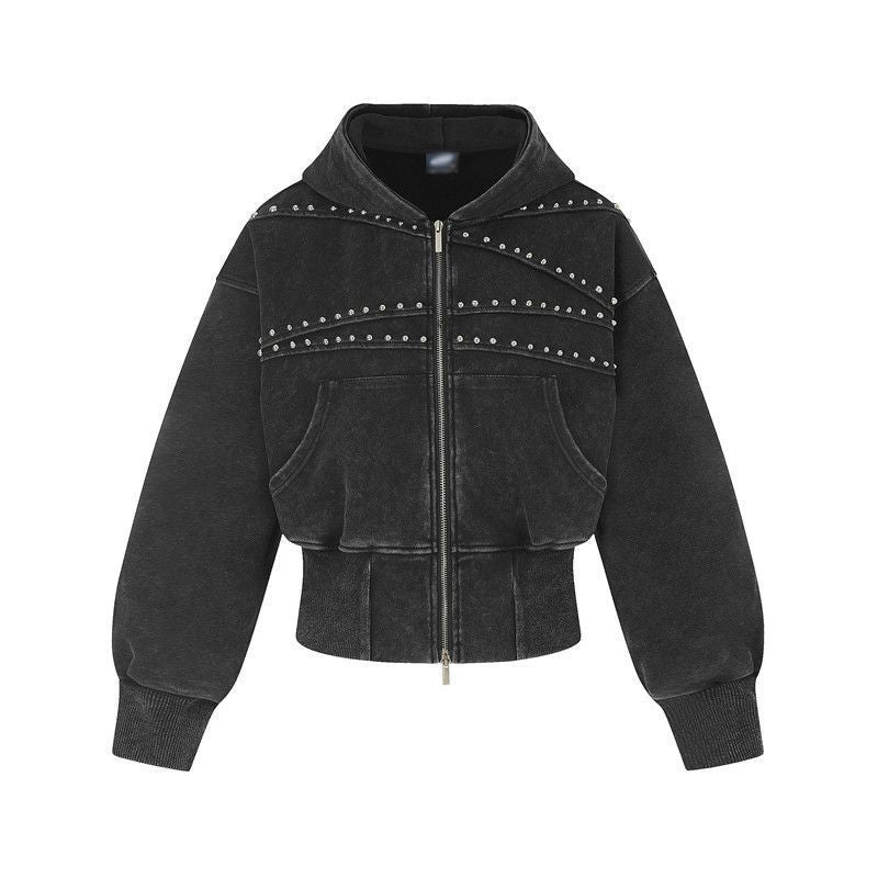 Vintage Distressed Waist-cinched Hooded Sweatshirt Versatile Womens Jacket Black All Products