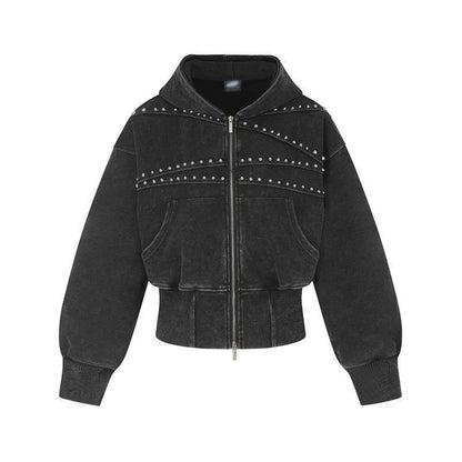 Vintage Distressed Waist-cinched Hooded Sweatshirt Versatile Womens Jacket Black All Products