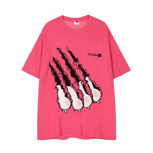 Cat Paw Scratch Flocking Embroidered Loose T-shirt For Men And Women MuddyStock