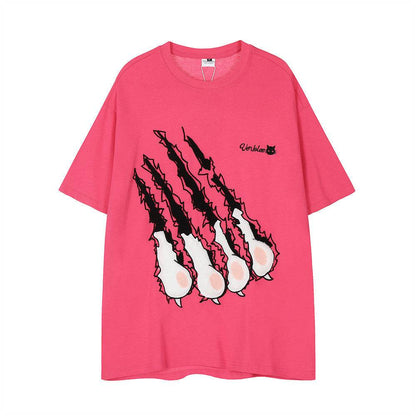 Cat Paw Scratch Flocking Embroidered Loose T-shirt For Men And Women Pink MuddyStock