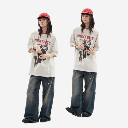 Character Abstract Graphic Print Crew Neck Short Sleeve For Women MuddyStock