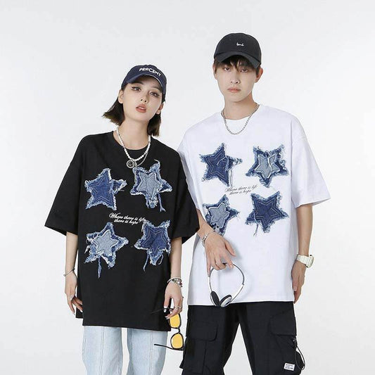 Vintage Patch Five-pointed Star Short Pomelo T Shirt For Men And Women MuddyStock