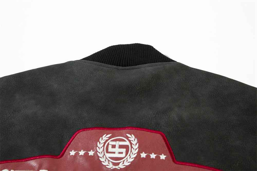 European And American-style Letter Affixed Cloth Embroidered Loose Pu Leather Baseball Jacket For Men And Women MuddyStock