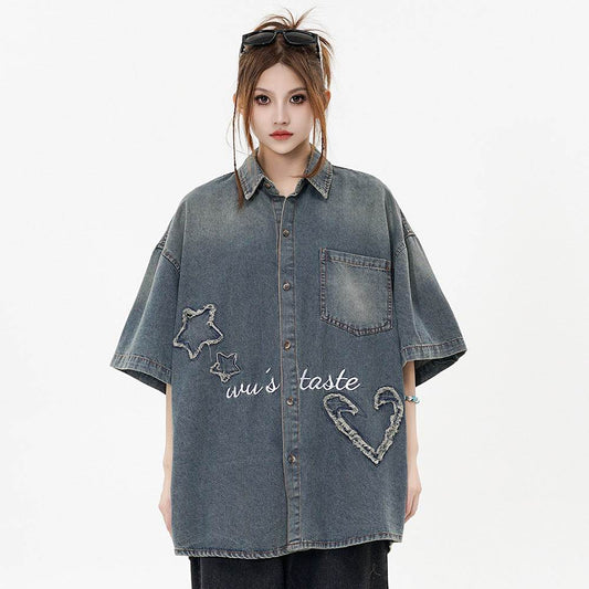 Fashion Punk Denim Short Sleeve Shirt Women MuddyStock