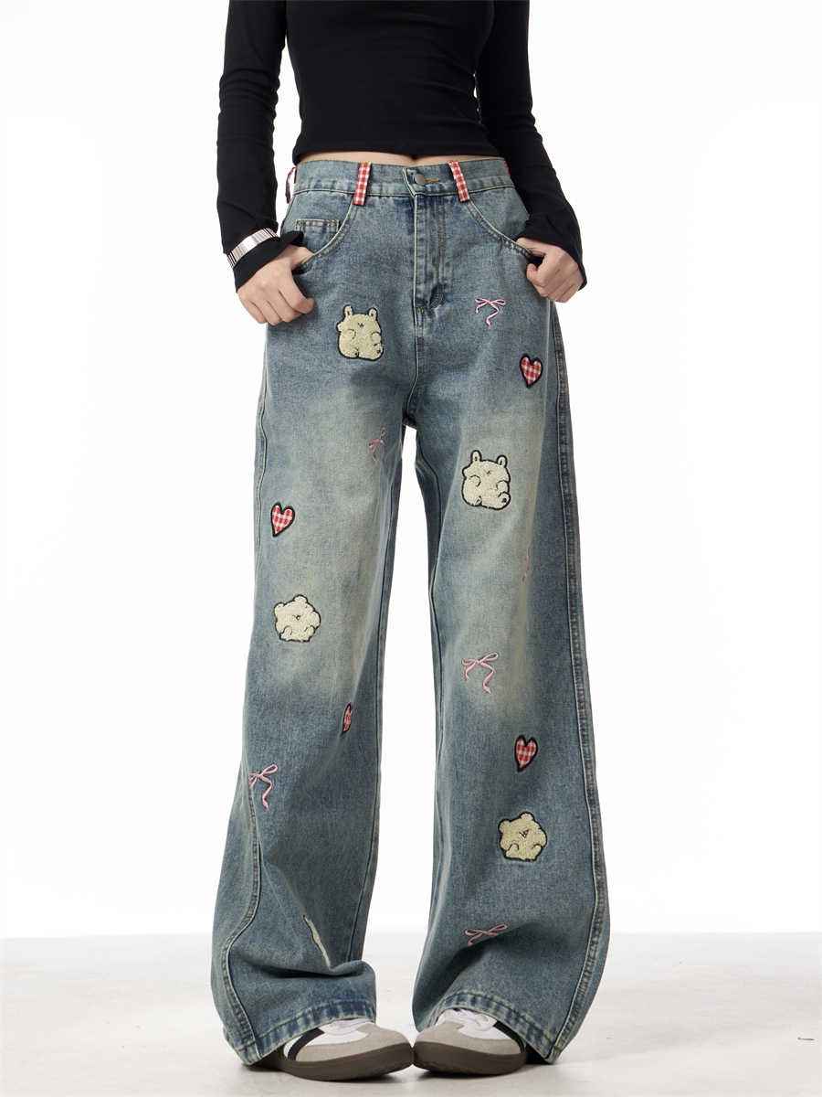 Lamb Embroidery Retro Straight-leg Pants For Women Blue MuddyStock