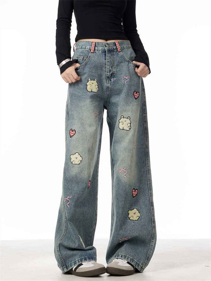 Lamb Embroidery Retro Straight-leg Pants For Women Blue MuddyStock