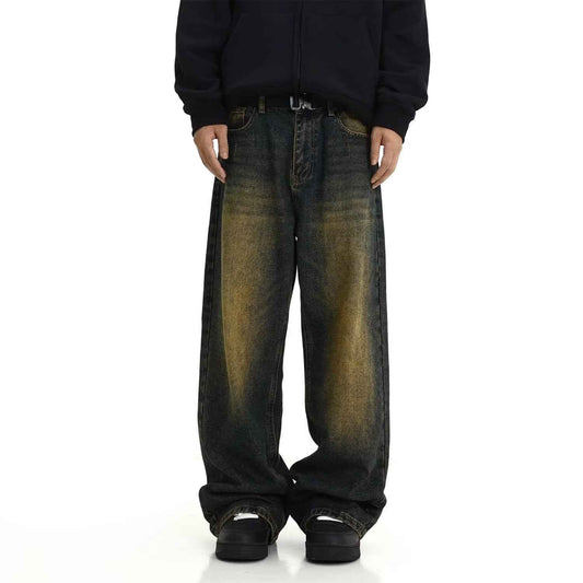 Men's Loose Yellow Mud Dyed Washed Vintage Jeans MuddyStock