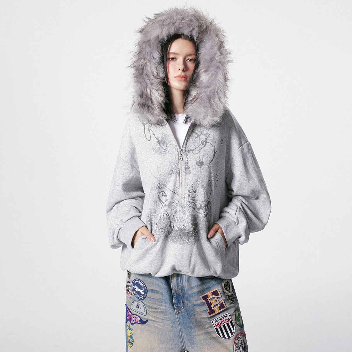 Fur Collar Coat Half-open Collar Stitching Zipper Hoodie For Women MuddyStock