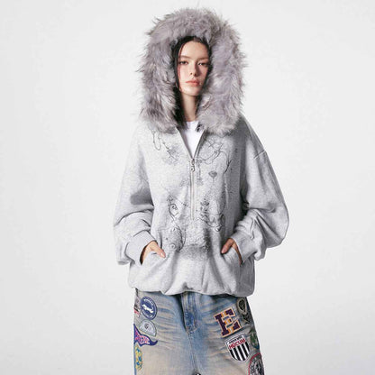 Fur Collar Coat Half-open Collar Stitching Zipper Hoodie For Women MuddyStock