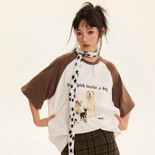 Animal Puppy Printed Color Matching Short Sleeve For Women MuddyStock