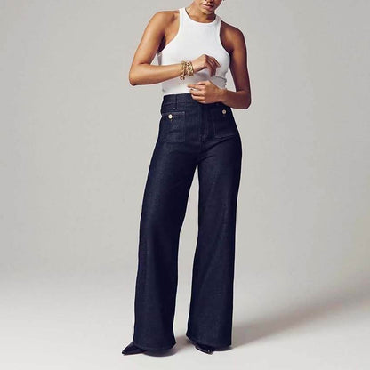 Women's Loose Leisure Washed-out Button Wide-leg Skinny Jeans Dark Blue Regular MuddyStock