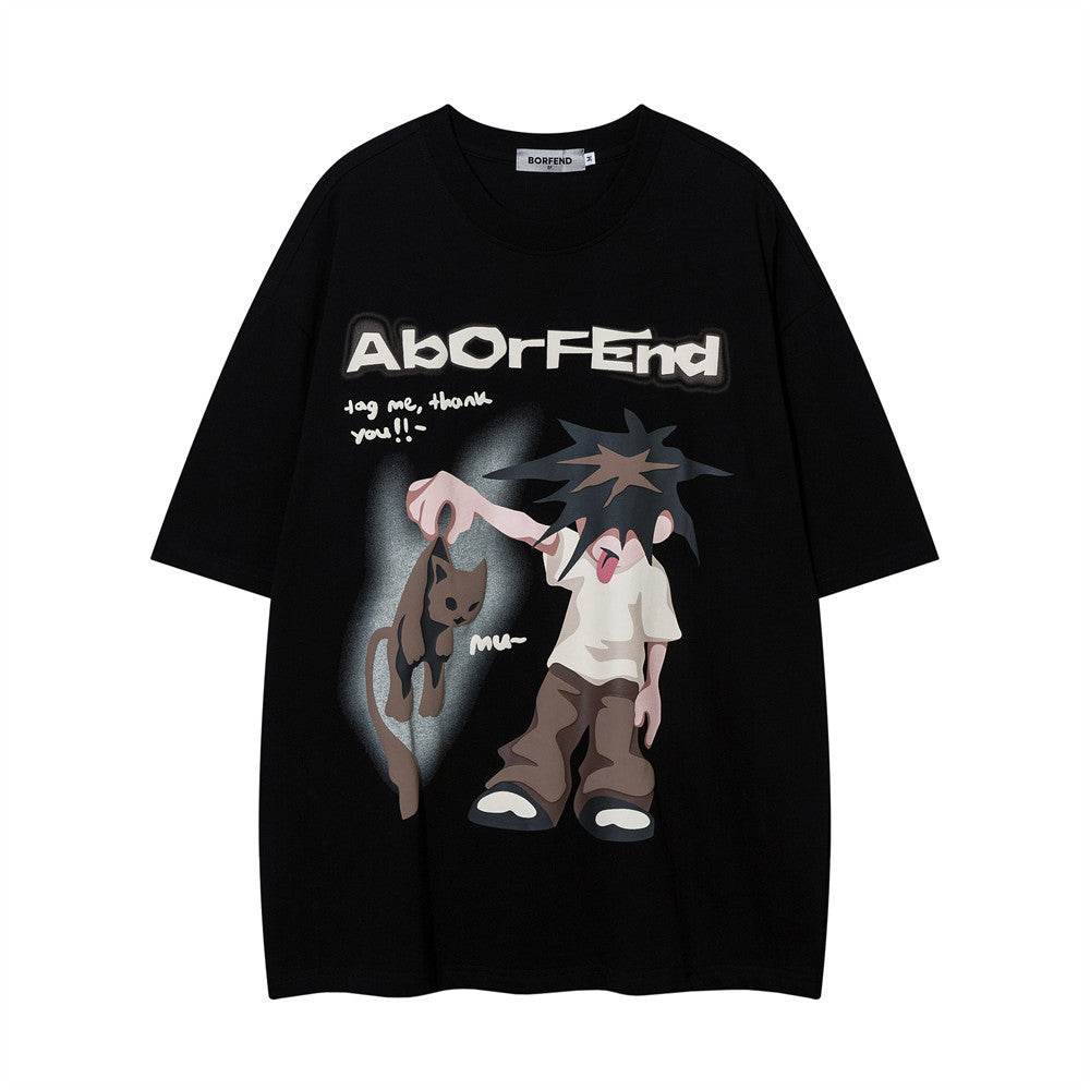Fashion Cartoon Anime Print Short Sleeve For Men And Women Black MuddyStock