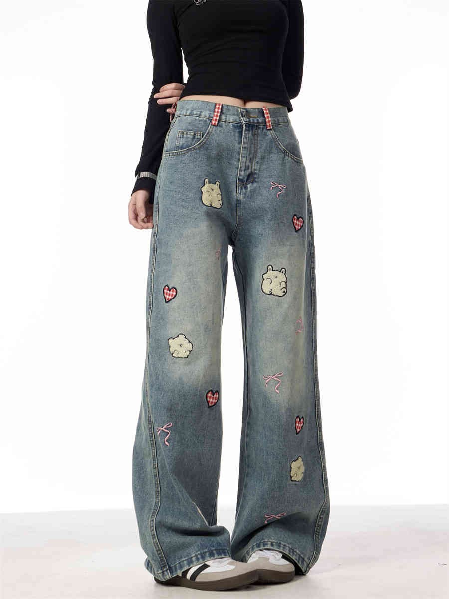 Lamb Embroidery Retro Straight-leg Pants For Women MuddyStock