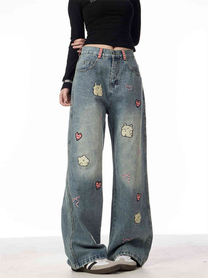 Lamb Embroidery Retro Straight-leg Pants For Women MuddyStock
