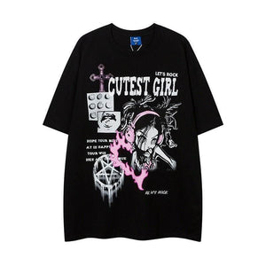 Cartoon Animation Printed Short Sleeve Women Black