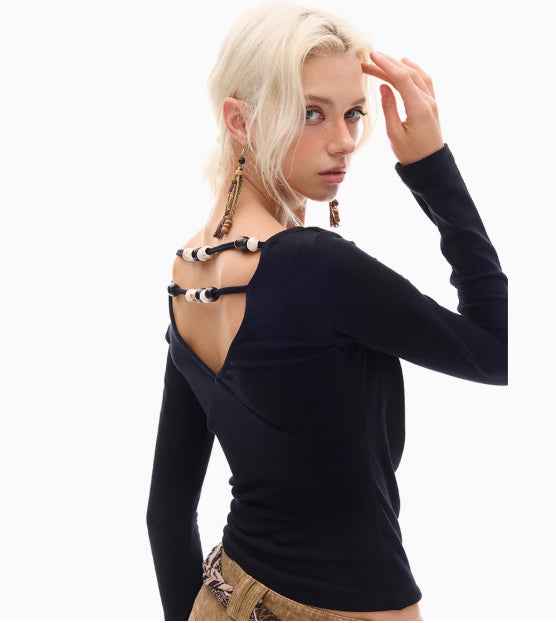 Beaded Swing Collar Knitted Top For Women
