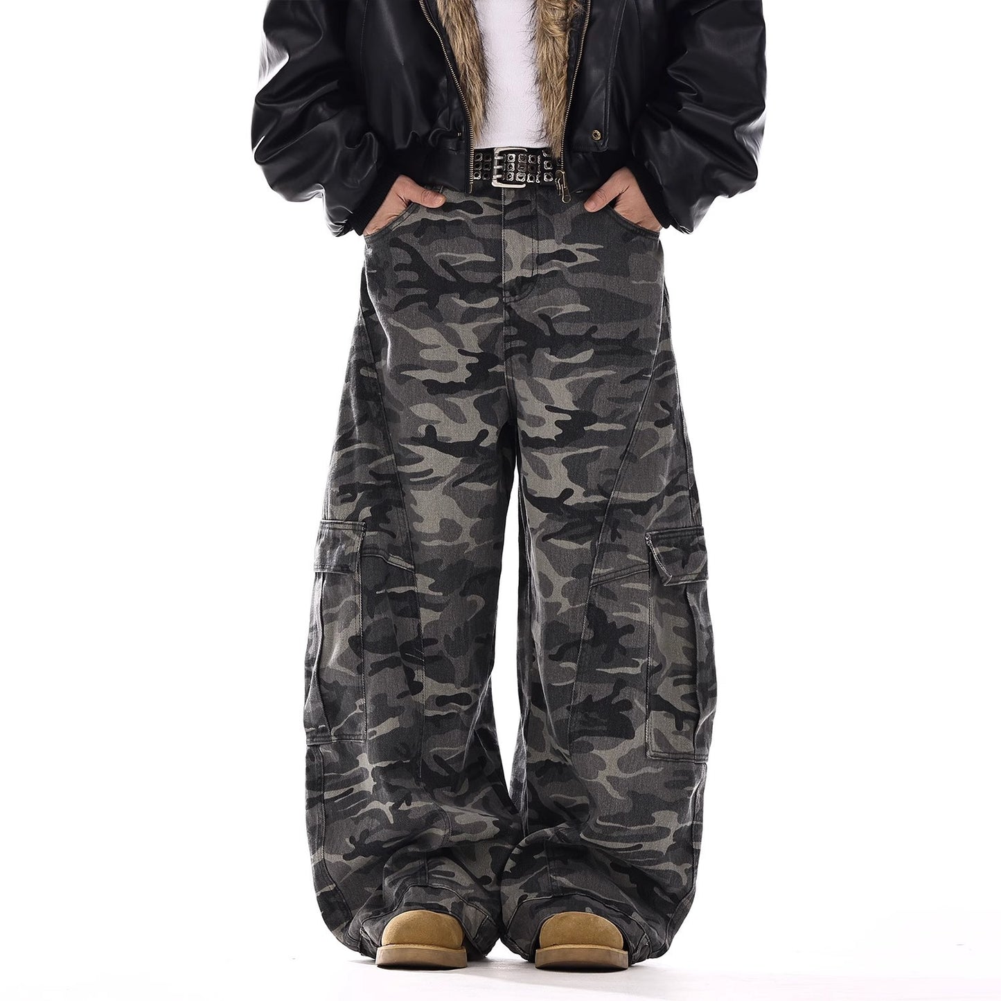 American-style Vintage Camouflage Machete-cut Jeans For Men