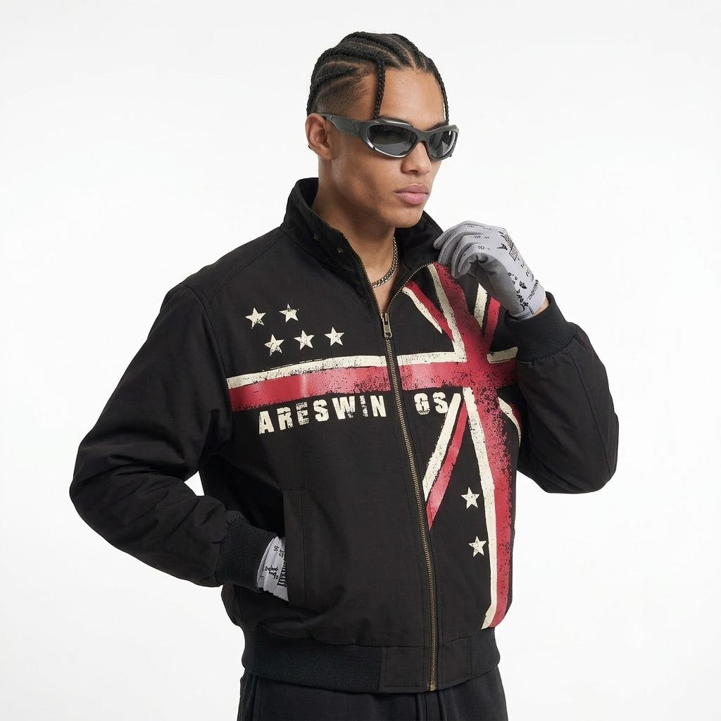 Men's Distressed Flag Letter Star Print Zip-Up Stand Collar Jacket | MuddyStock Originals