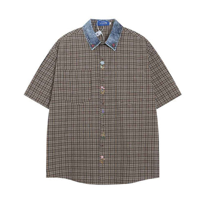 Fine Plaid Loose Shirt For Men Brown null