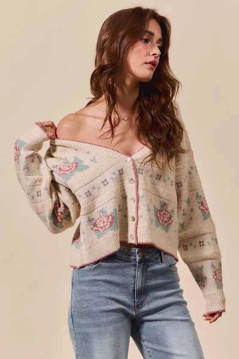 Floral Pattern Long Sleeve Button Sweater Cardigan For Women Trendsi
