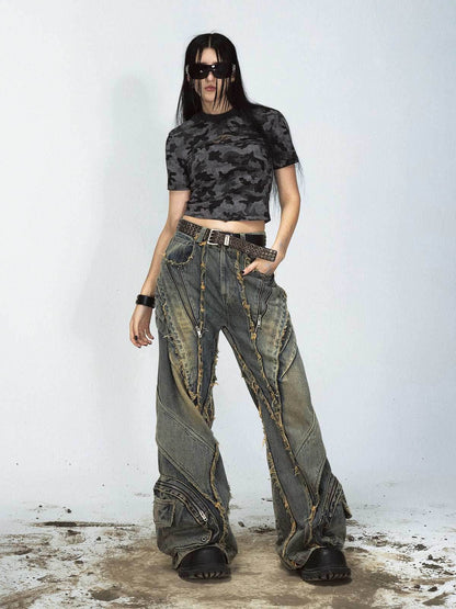 Heavy Industry Destroyed Raw Edge Stitching Jeans Retro Wide Leg Trousers MuddyStock