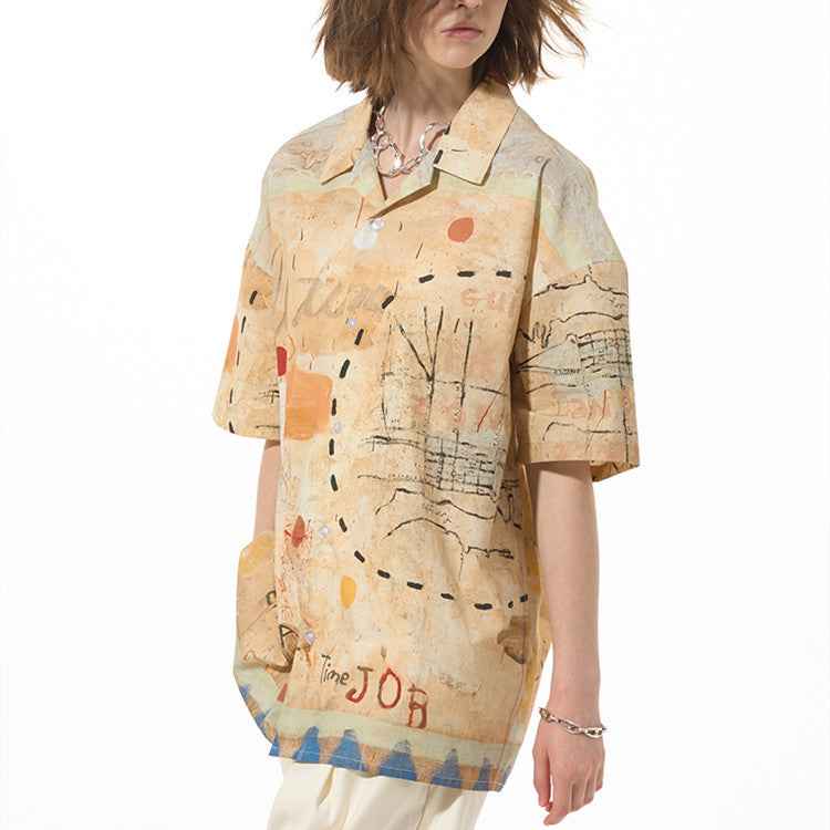 Casual Loose Graffiti Pine High Street Short Sleeve Shirt For Women Color MuddyStock