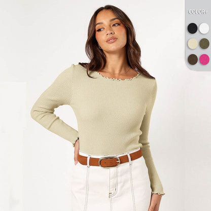 Round Neck Long Sleeve Slim Fit Shoulder Rib Women's Top MuddyStock