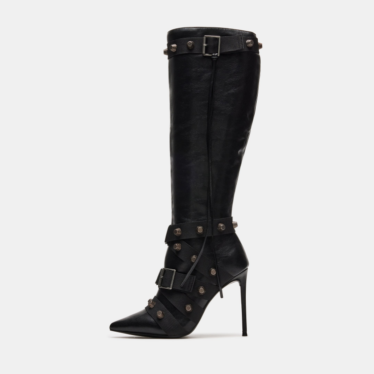 Metal Leathern Pointed Stiletto High Heel Boot For Women Black