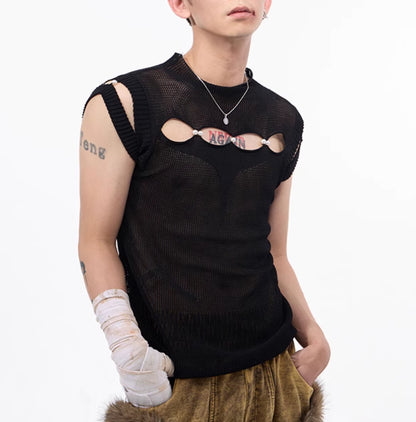 Dark Hollow-out Sleeveless T-shirt For Men