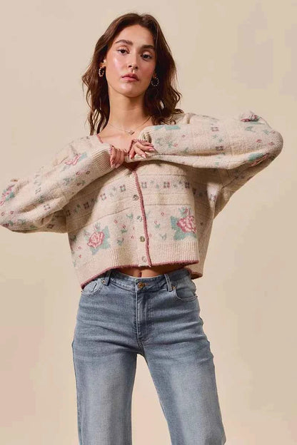Floral Pattern Long Sleeve Button Sweater Cardigan For Women Trendsi