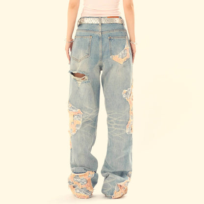 Women's Vintage Lace Stitching Ripped Jeans MuddyStock