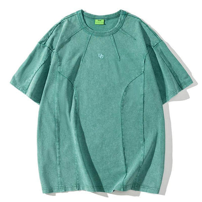 American Washed Patchwork Short-sleeved T-shirt Men Celestite MuddyStock