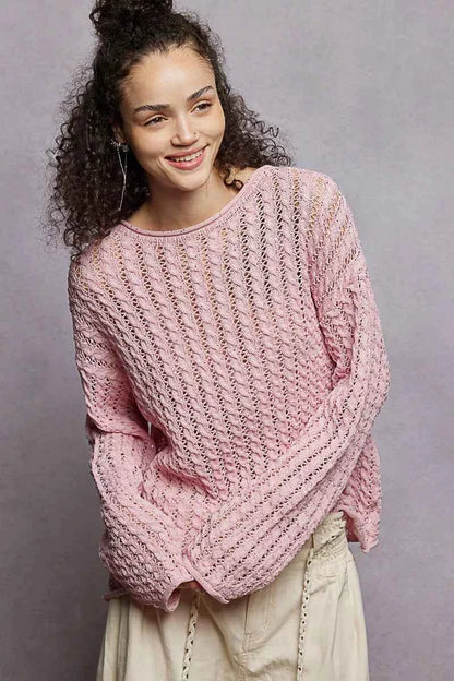 Openwork Round Neck Knit Top For Women SOFT PINK Trendsi