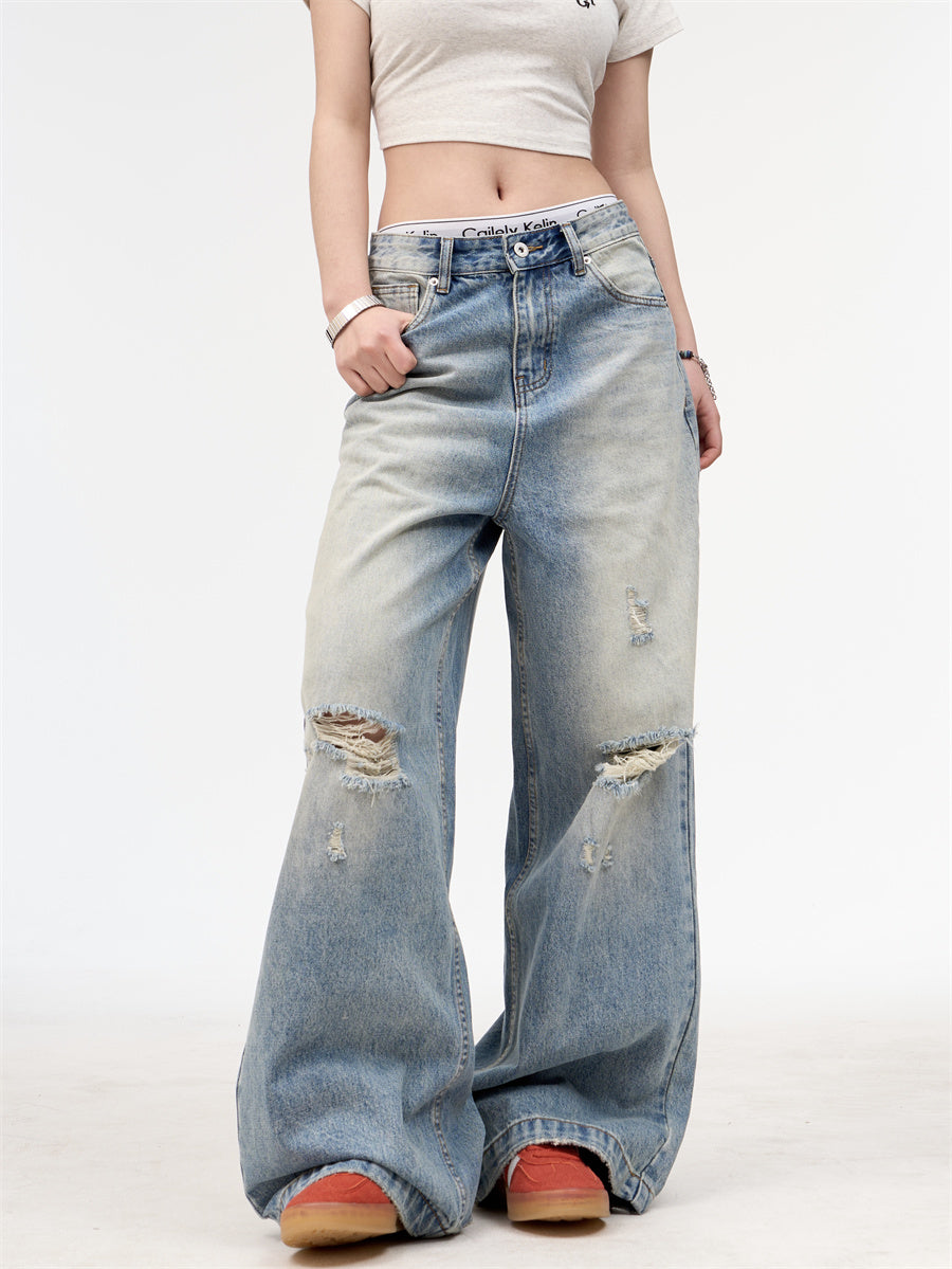 Retro Worn Looking Washed-out Straight Jeans For Men And Women MuddyStock