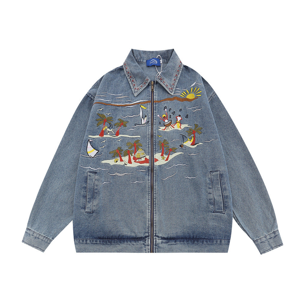 Punk Retro Cartoon Denim Jacket For Women Blue MuddyStock null