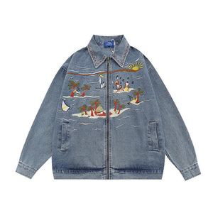 Punk Retro Cartoon Denim Jacket For Women Blue null