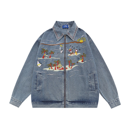 Punk Retro Cartoon Denim Jacket For Women Blue MuddyStock null