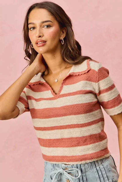 Stripe Short Sleeve Cropped Sweater For Women Trendsi